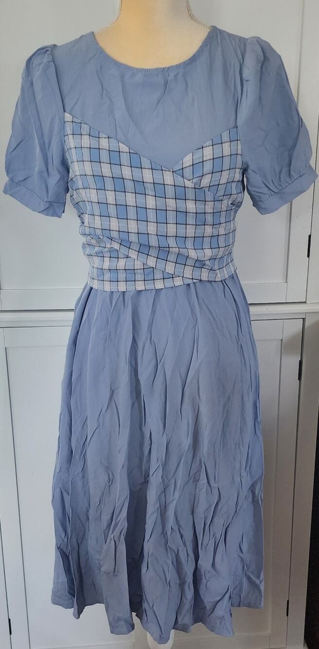 Gege Blue Prairie Cottagecore Style Front Plaid Tie Wrap Midi Dress